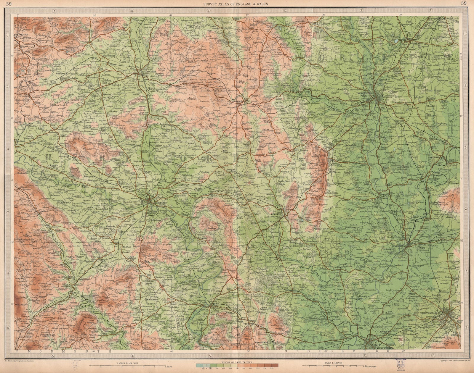 WELSH MARCHES. Hereford Worcester Malvern Cheltenham Gloucester. LARGE 1939 map